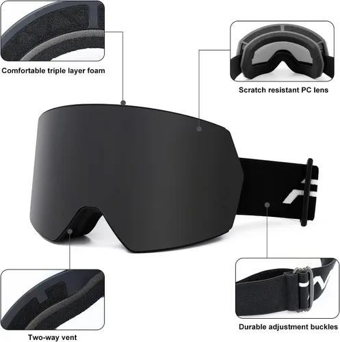Miniatura 3 de FMY - Gafas de esquí para hombres, mujeres y jóvenes - Gafas de snowboard y esquí con protección antivaho UV400 para adultos Marco oscuro y negro