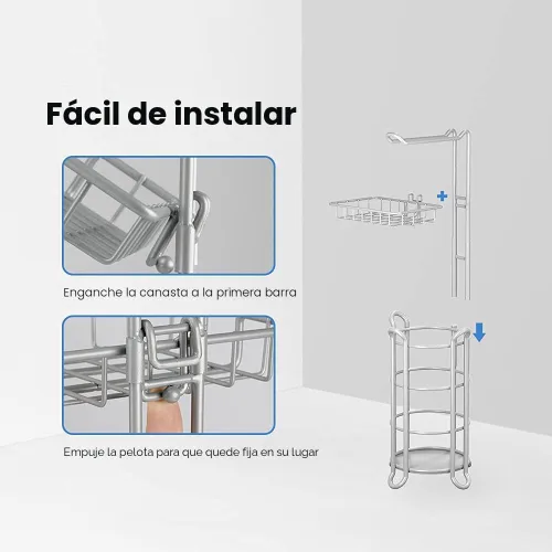 Miniatura 5 de Soporte de rollo de papel higiénico para baño, soporte de papel higiénico de pie con estante de almacenamiento central, reserva de mega E-plata