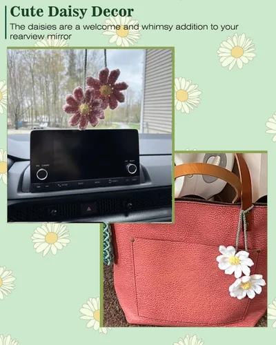 Miniatura 4 de Accesorios de automóvil con margaritas de ganchillo para mujeres y niñas, bonitos dijes colgantes para espejo retrovisor, hechos a mano, margarita