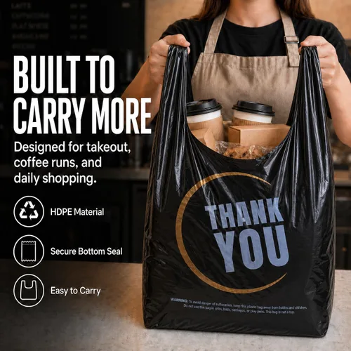 Miniatura 3 de YoYoRain Paquete de 855 bolsas negras para camisetas con asas, 11.5 x 6.25 x 21 pulgadas, bolsas de plástico HDPE duraderas para compras y llevar