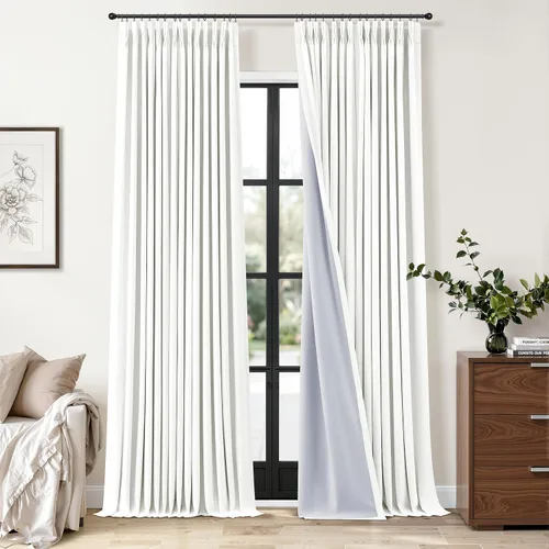 Cortinas opacas plisadas de lino beige y blanco de 90 pulgadas de largo para dormitorio o sala de estar, juego de 2 paneles, oscurecimiento con