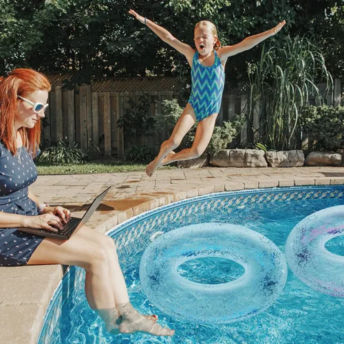 Miniatura 5 de Zhanmai 6 unidades de flotadores inflables de piscina con purpurina, anillo de natación transparente, para despedida de soltera, tubo