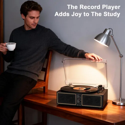 Miniatura 12 de Tocadiscos de vinilo Bluetooth, reproductor LP de 3 velocidades con altavoces, reproductor de discos retro para discos de vinilo, salida RCA AUX