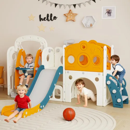 Miniatura 11 de Set de juego de tobogán y columpio 9 en 1 para niños pequeños, tobogán para niños de 1 a 3 años, juego de juego para interiores y exteriores con aro