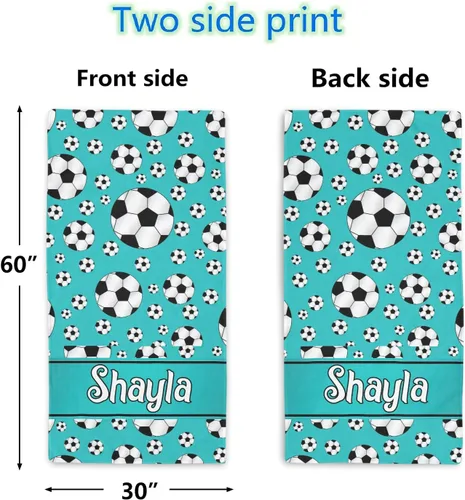 Miniatura 2 de Toalla de playa personalizada con diseño de pelotas de fútbol divertidas con nombre, toallas de piscina de viaje de microfibra personalizadas de 2
