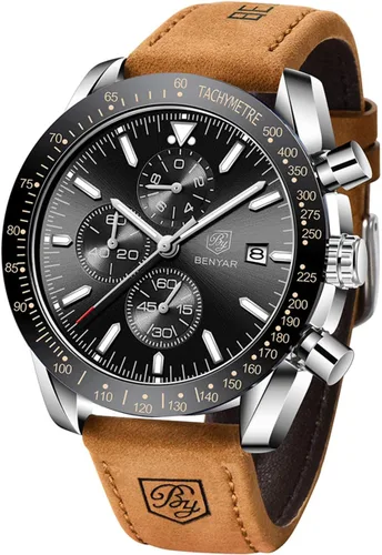 Miniatura 5 de BENYAR - Relojes para hombre, cronógrafo de cuarzo, marca de lujo, impermeable, relojes de pulsera de cuero marrón a la moda para hombres