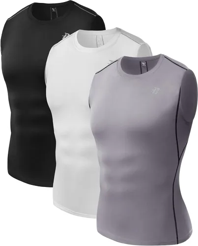 Runhit Paquete de 3 camisetas de compresión sin mangas para hombres, entrenamiento deportivo, sin mangas, camiseta de compresión para hombres