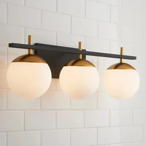 Miniatura 7 de 2 lámparas de baño, luz negra y dorada, luz de baño de mediados de siglo sobre espejo con pantalla de globo de vidrio blanco, apliques de pared
