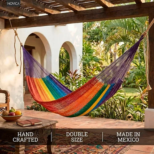 Miniatura 5 de NOVICA Hamaca de cuerda maya de nailon tejida a mano multicolor arcoíris a rayas para 1 persona, soñando con arcoíris (individual)