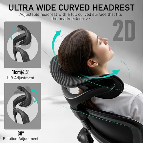 Miniatura 5 de BESTFAIR Silla de oficina ergonómica de respaldo alto, silla de escritorio de malla transpirable con soporte lumbar, reposacabezas ajustable, Negro
