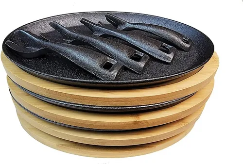 Miniatura 3 de HAWOK Fajita de hierro fundido con bandeja de bambú y asa Juego de 4 Negro-266-4