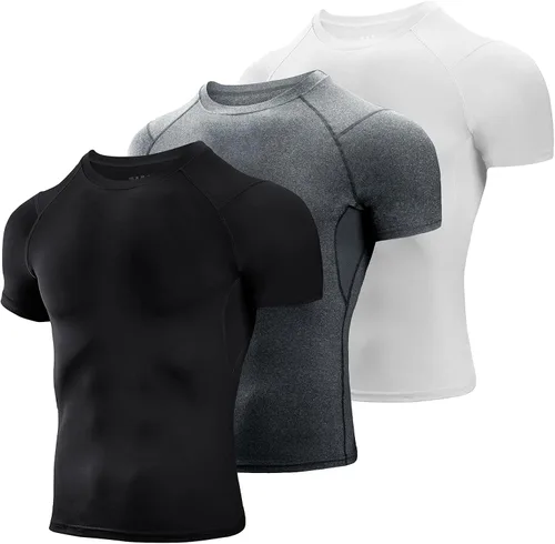 Niksa Camisas de compresión para hombre, paquete de 3, camisetas de compresión atléticas de manga corta, camisetas de entrenamiento frescas y secas