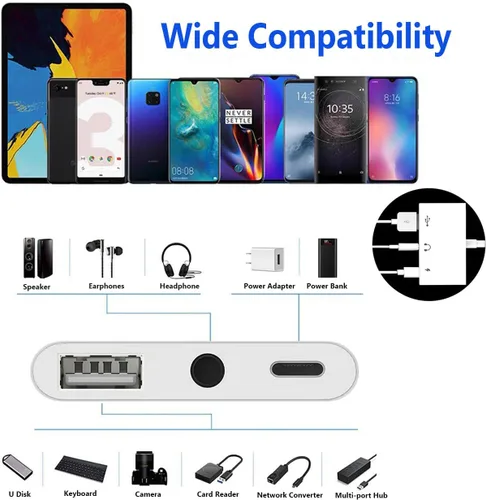 Miniatura 6 de Adaptador USB C a USB para MacBook, divisor USB C a USB-A OTG 3 en 1 con conector de audio de 0.138 in y puerto de carga rápida PD compatible