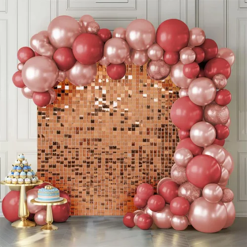 Miniatura 11 de Telón de fondo de pared brillante color rosa intenso, 12 piezas de lentejuelas cuadradas brillantes decoración de fondo de pared para fiesta