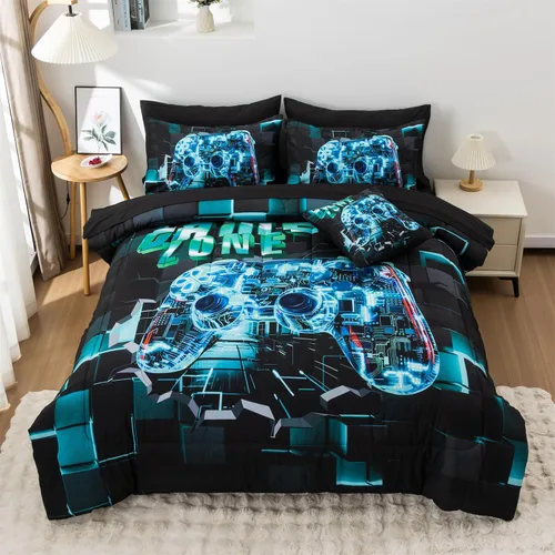Miniatura 25 de Aimuan - Juego de ropa de cama para jugadores, conjuntos de edredón 3D con mando de juego para niños, botones de acción, controlador de juego Negro