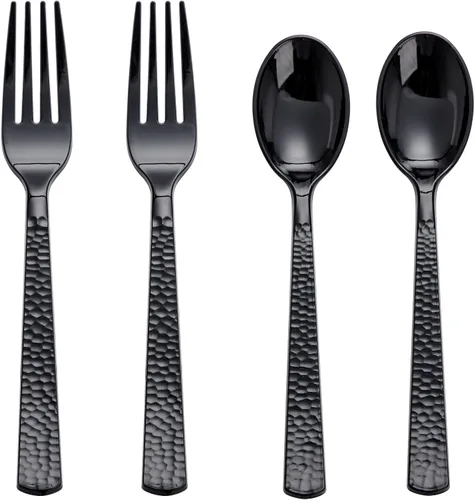 KIRE 400 piezas cucharas y tenedores de plástico negro desechables - Juego de cubiertos de plástico negro desechables - 200 tenedores, 200 cucharas