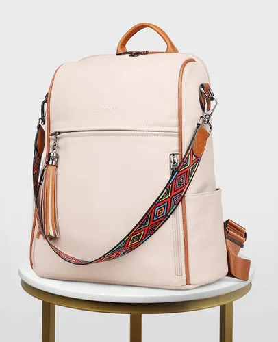 Miniatura 8 de FADEON Mochila de cuero para mujer, diseño de mujer, bolsa de hombro de moda, mochila de viaje convertible de PU, E Beige Con Marrón, Medium