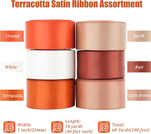 Miniatura 2 de Cinta de terracota de satén de doble cara de 1 pulgada, 6 rollos de cinta naranja quemada de 60 yardas para decoración de otoño, manualidades
