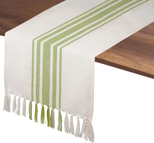 Miniatura 13 de Native Fab Camino de mesa verde azulado de 72 pulgadas de largo – Fundas de mesa bohemias a rayas con flecos – 100% algodón, tejido apretado, mantel