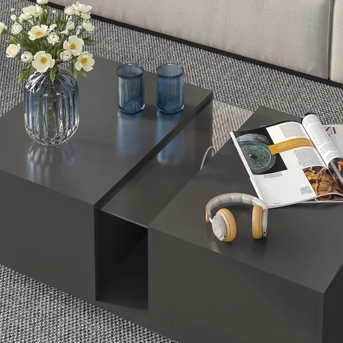 Miniatura 6 de HedoAjim Mesa de centro LED negra para sala de estar, mesa rectangular de sala de estar con almacenamiento, mesas de centro de acrílico con 2