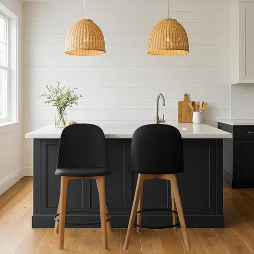Miniatura 9 de 2xhome Juego de 2 taburetes de bar de altura de mostrador Asiento de plástico moldeado moderno de mediados de siglo Patas de madera maciza