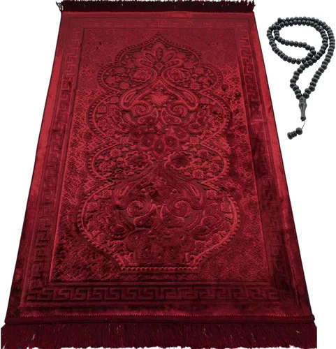 Miniatura 11 de Modefa Alfombra de oración de terciopelo de lujo con cuentas de oración, suave y elegante, alfombra musulmana turca Janamaz Sajada para hombres