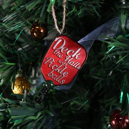 Miniatura 3 de Needzo Adorno de Navidad de pickleball de resina, cubre los pasillos con bolas de pepinillo, paleta roja, accesorios para árbol colgante, 3 pulgadas