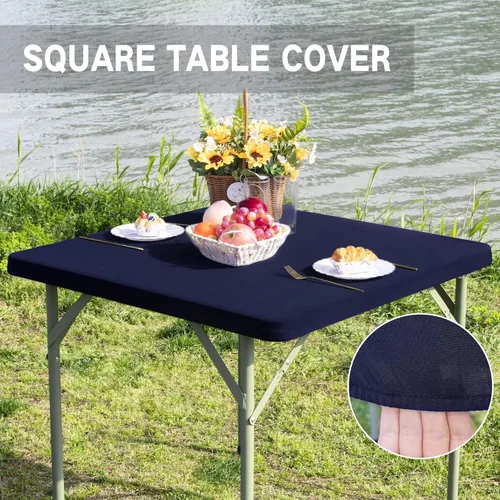Miniatura 3 de Mantel cuadrado ajustable elástico de elastano para mesa, para comedor, cocina, hogar, fiesta, color azul marino, 34 x 34 pulgadas