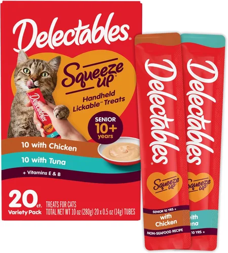Delectables Squeeze Up Senior 10+ Paquete variado, puré cremoso exprimible, golosinas húmedas para gatos lamibles, sin granos, sin rellenos
