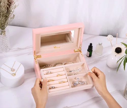 Miniatura 7 de Voova Joyero organizador de madera para mujeres adolescentes y niñas estuche de joyería de pintura de piano de lujo con espejo cajas