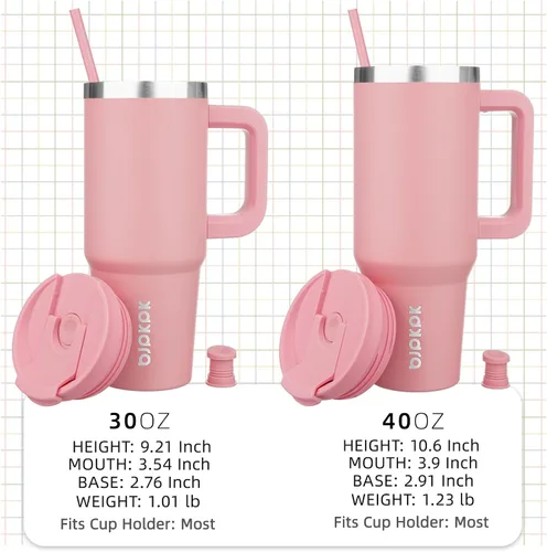 Miniatura 4 de BJPKPK - Vasos con aislamiento térmico, con asa y pajilla, vasos térmicos de acero inoxidable de 40 onzas con tapa, color rosado claro Rosa claro