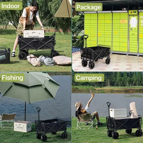Miniatura 7 de Carrito plegable plegable de gran capacidad para exteriores, carrito de jardín con ruedas todo terreno y bolsillos laterales, carrito de playa