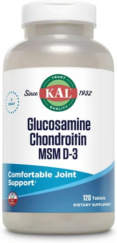 KAL Glucosamina condroitina MSM D-3, suplemento de apoyo articular, 1,500 mg de sulfato de glucosamina, 1,200 mg de sulfato de condroitina, 1,000 mg