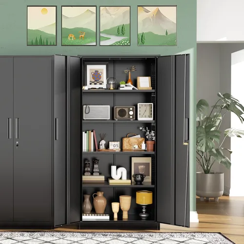 Miniatura 7 de Greenvelly Armario de almacenamiento de metal de 72 pulgadas de alto con 2 puertas y 4 estantes ajustables, gabinete de metal negro con cerradura