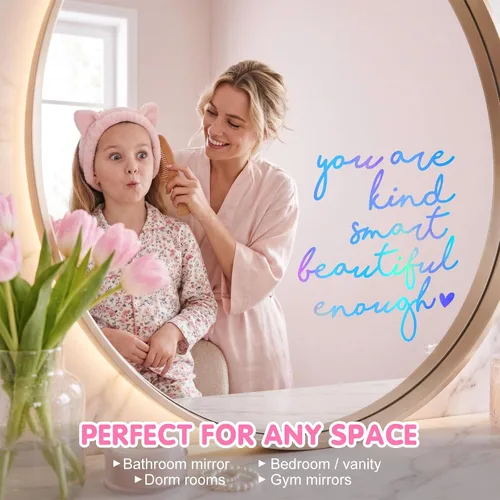 Miniatura 3 de 2 calcomanías de espejo de afirmación para niñas y adolescentes, You are Kind Smart Beautiful Enough Calcomanía, positivo amor propio, baño