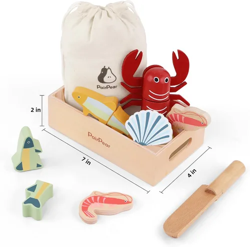 Miniatura 4 de PairPear Conjunto de Comida de Juguete de Madera para Cortar Mariscos - Comida de Juguete de Madera para Niños Pequeños Juego de Simulación