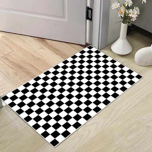Alfombra a cuadros de 2 x 3 pies, alfombra negra y blanca moderna para entrada interior, alfombra pequeña lavable a cuadros para baño, alfombra de