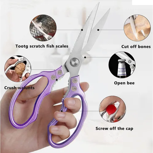 Miniatura 2 de AWinjoy Tijeras de cocina afiladas resistentes, aptas para lavavajillas, tijeras de cocina para carne, pollo, pescado, aves, hierbas, pan (morado)