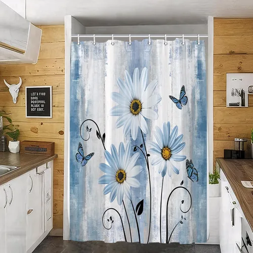 JAWO Cortina de ducha estilo campista - Cortina de ducha rústica de granja y mariposa sobre madera azul turquesa, 36 x 72 pulgadas, aguamarina