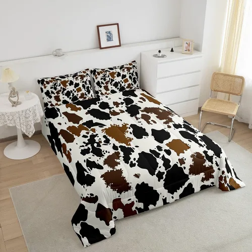 Miniatura 4 de Juego de edredón de piel de vaca, edredón de plumón con estampado de vaca, juegos de ropa de cama de teñido anudado negro y marrón para niños