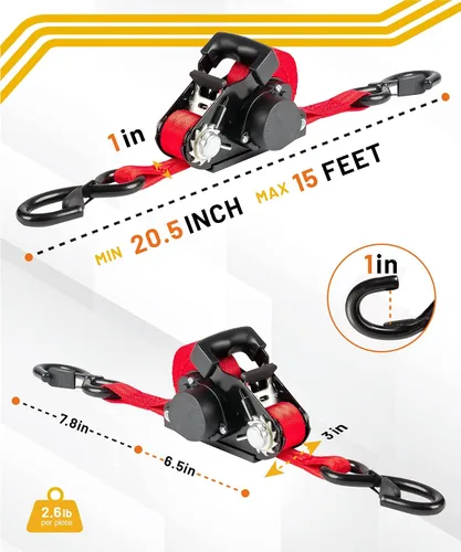 Miniatura 3 de Strapinno Correas de trinquete retráctiles - 2.5 cm x 4.6 m, amarres resistentes de 1,360 kg, ganchos en S con clip de seguridad, fácil