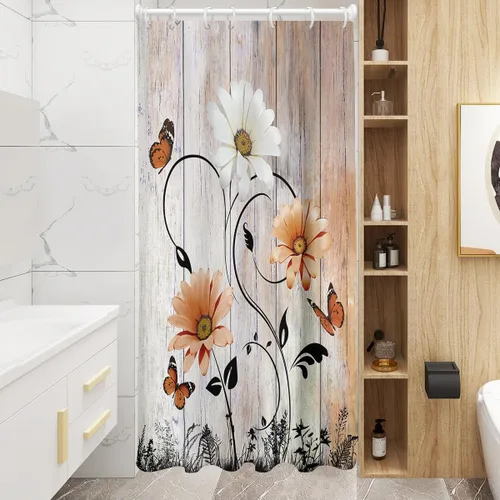 Miniatura 7 de AAtter Cortina de ducha floral azul rústica boho gris blanco amarillo margarita naturaleza negro botánico telón azul verdoso turquesa tela única