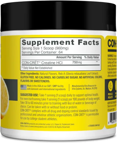 Miniatura 8 de CON-CRET Creatina HCl en polvo Apoyo para la energía muscular, cognitiva y celular Sin hinchazón ni calambres Fabricado en EE. UU.