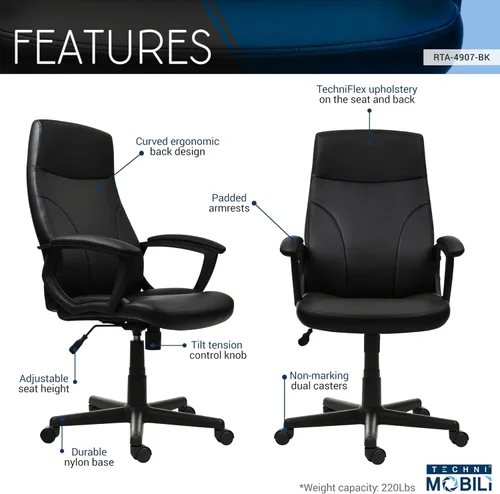 Miniatura 4 de Techni Mobili - Silla de oficina de piel sintética, altura ajustable, color negro PU leather executive chair, padded armrests, height adjustable