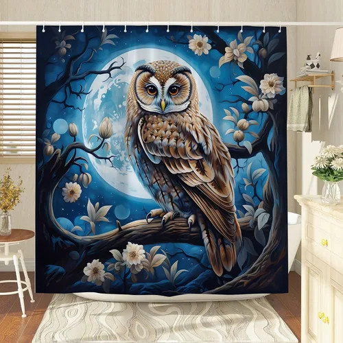 Miniatura 3 de Cortina de ducha con diseño de búho, luna llena, vida silvestre, azul marino, fantasía, flores estrelladas, bosque brumoso, escena de animales, tela