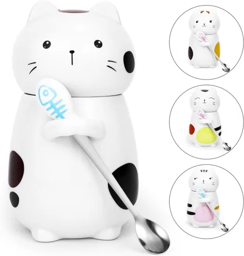 Miniatura 15 de Disoza Taza de Gato con Tapa Regalo de Gato Taza de Té de Cerámica con Cuchara Taza de Té de Café 400 ML Taza de Navidad Regalo de Cumpleaños