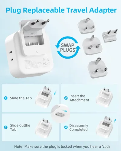 Miniatura 5 de Juego de adaptadores de enchufe de viaje europeos, adaptador de viaje 8 en 1 con 4 tomas, 4 puertos USB (2 USB C), EE. UU. a Reino