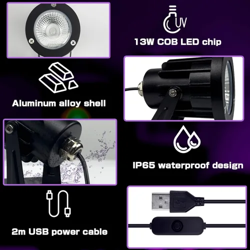 Miniatura 3 de Lámpara de luz ultravioleta de luz negra de 13 W y 6 pies, lámpara con clip IP65, luces de resina UV, para tapiz fluorescente, póster, pintura
