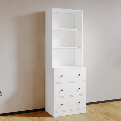VOWNER Archivador vertical, estantería moderna de 3 niveles con 3 cajones grandes, archivador de madera con estante de almacenamiento abierto,