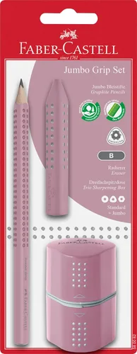 FABER-CASTELL Jumbo Grip 580082 - Juego de lápices con lápiz, borrador y sacapuntas triple, sombras de rosas en tarjeta blíster